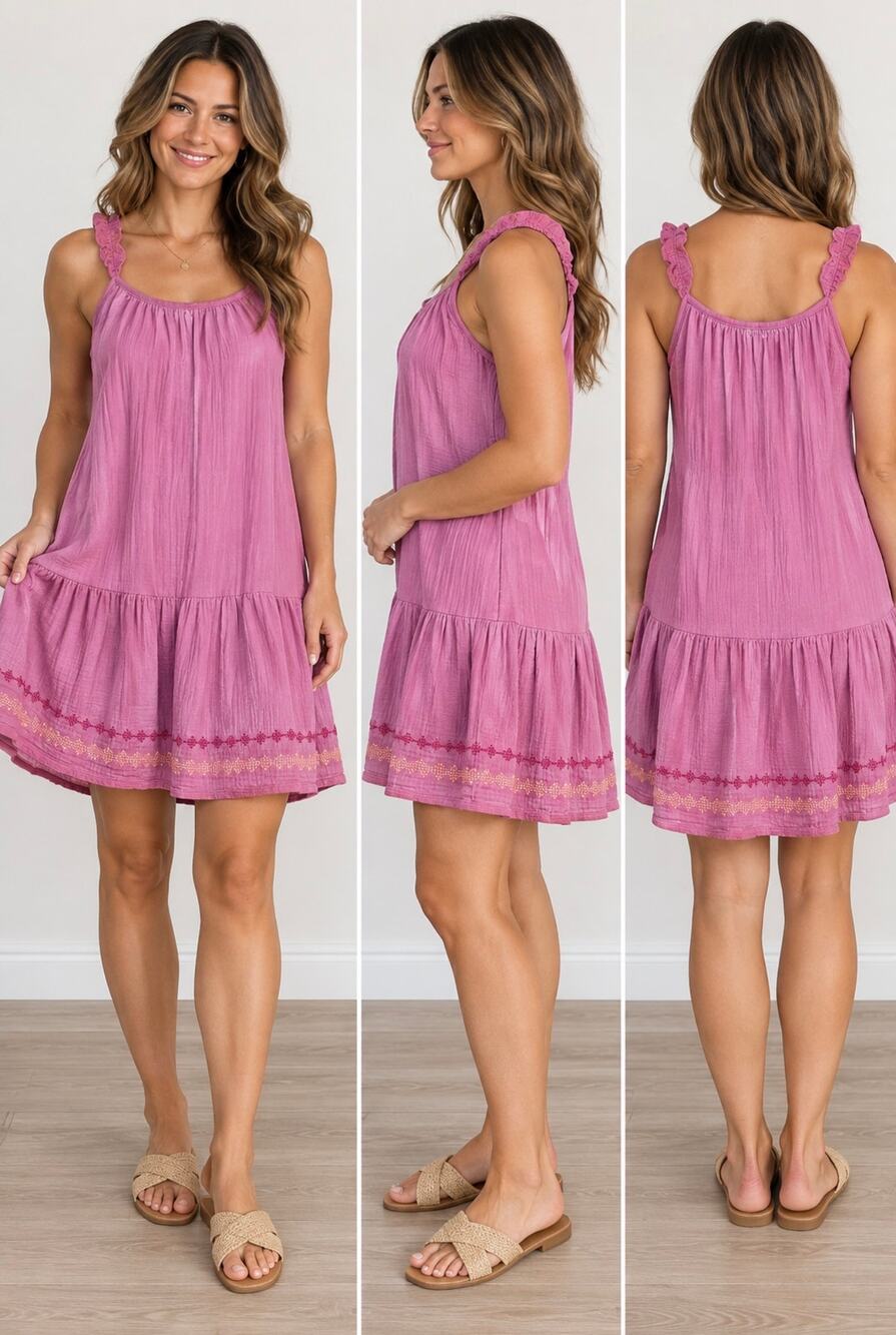 BeachLunchLounge XS Pink Cotton Gauze Tiered Boho Dress Embroidered NWT